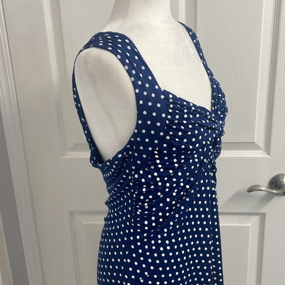 Papillon Sundress Navy White Polka Dot Sleeveless Ruched Stretch V Neck Sz L - Picture 6 of 8